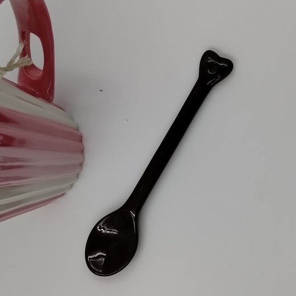 Happy Valentine's Day Hot Cocoa Mug Pink/white Striped Ribbed ceramic w/Spoon - Picture 2 of 6